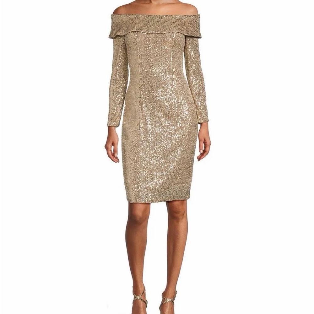 Alex Evenings Gold Sequin Off-Shoulder Dress